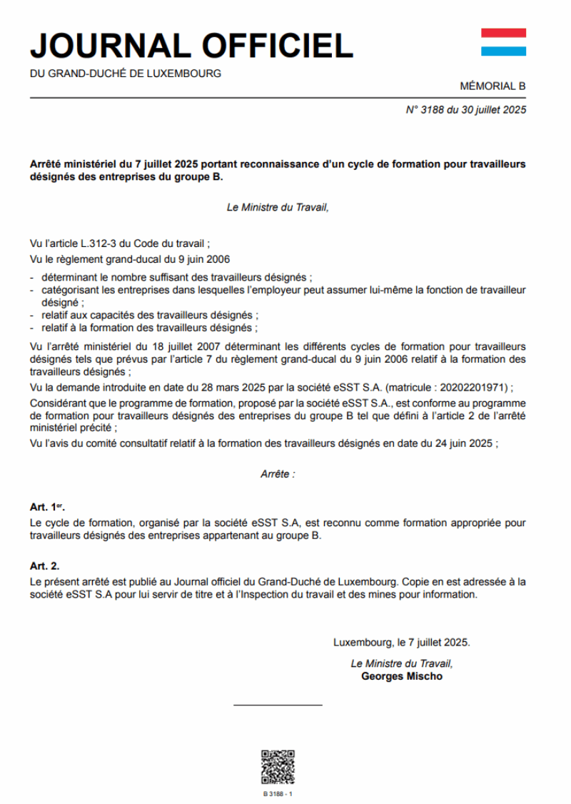 eSST est reconnue pour dispenser les formations initiales des travailleurs désignés du Groupe B (16 à 49 salariés)